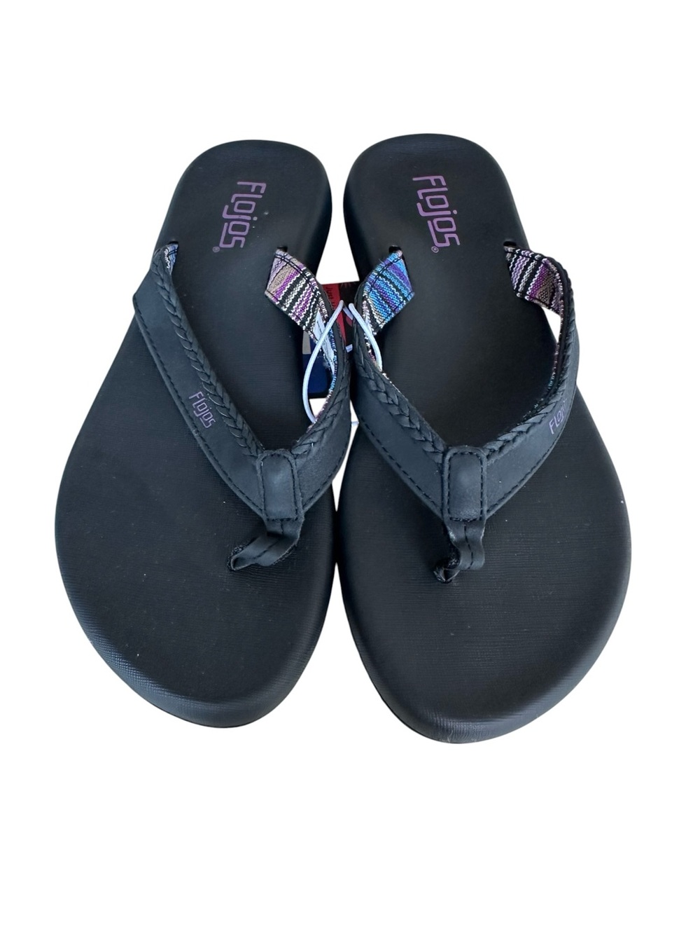 Flojos Black Flip Flops with Multicolor Braided Straps size 7